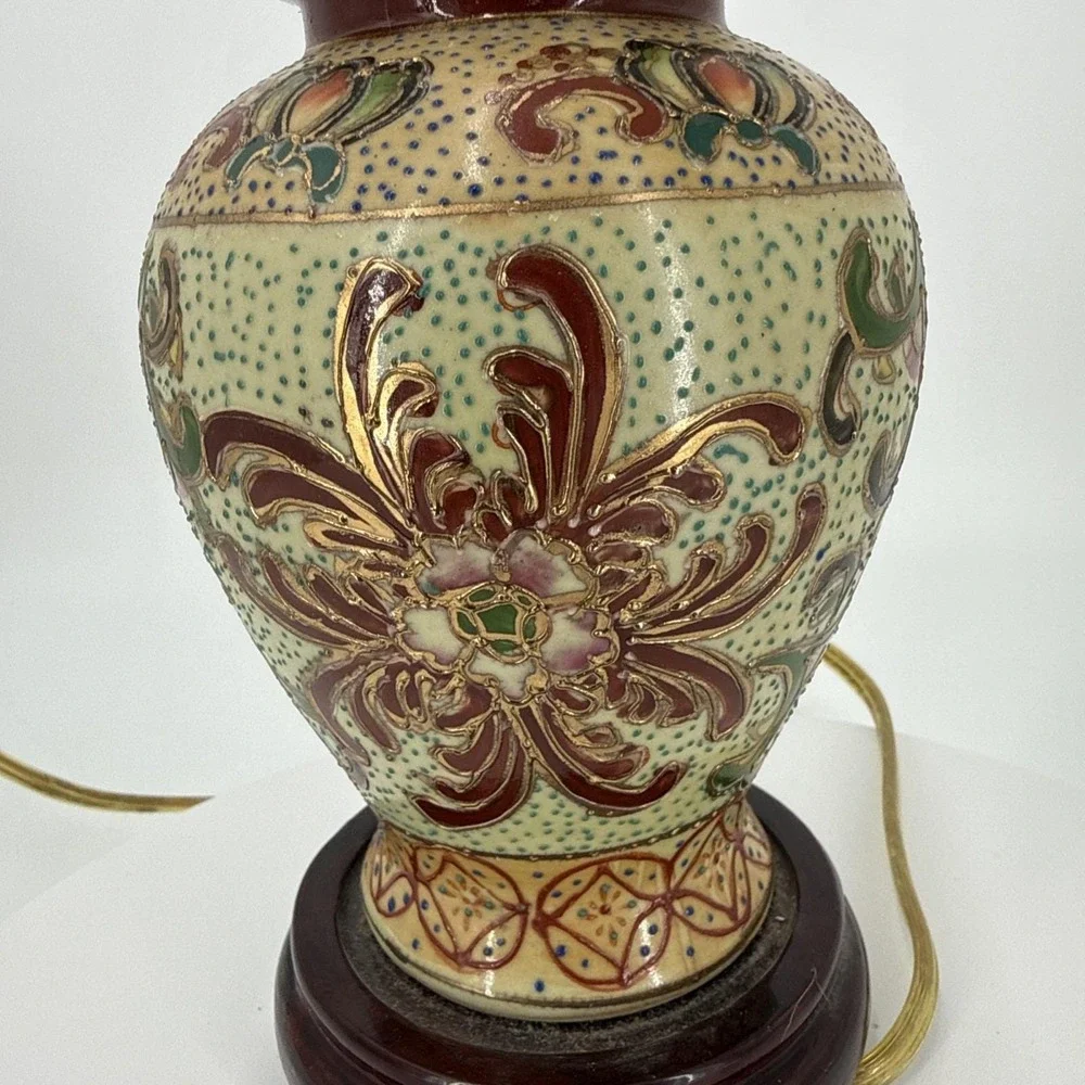 Vtg Asian Satuma Style Ginger Jar‎ Lamp Hand Painted Floral Chinoiserie Enamel